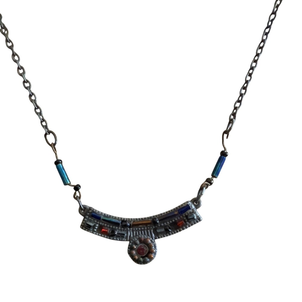 Boho Silver Tone Mosaic Beaded Bar Pendant Necklace Blue Red